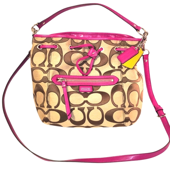 Coach Handbags - Coach Daisy Outline Signature Drawstring Handbag 25675 Khaki/Bright Magenta